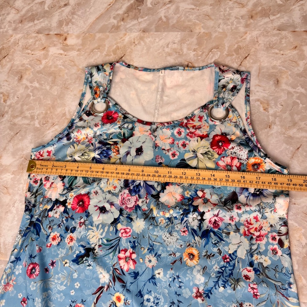 Floral Sleeveless Shift Dress Women L Blue Grommet Strap Casual Summer Mini - Picture 6 of 8